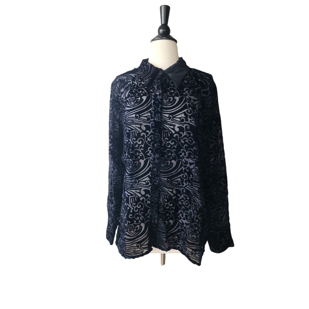 Croft And Barrow Velvet Burnout  Whimsygoth Shirt Womens Large Black Button Down
